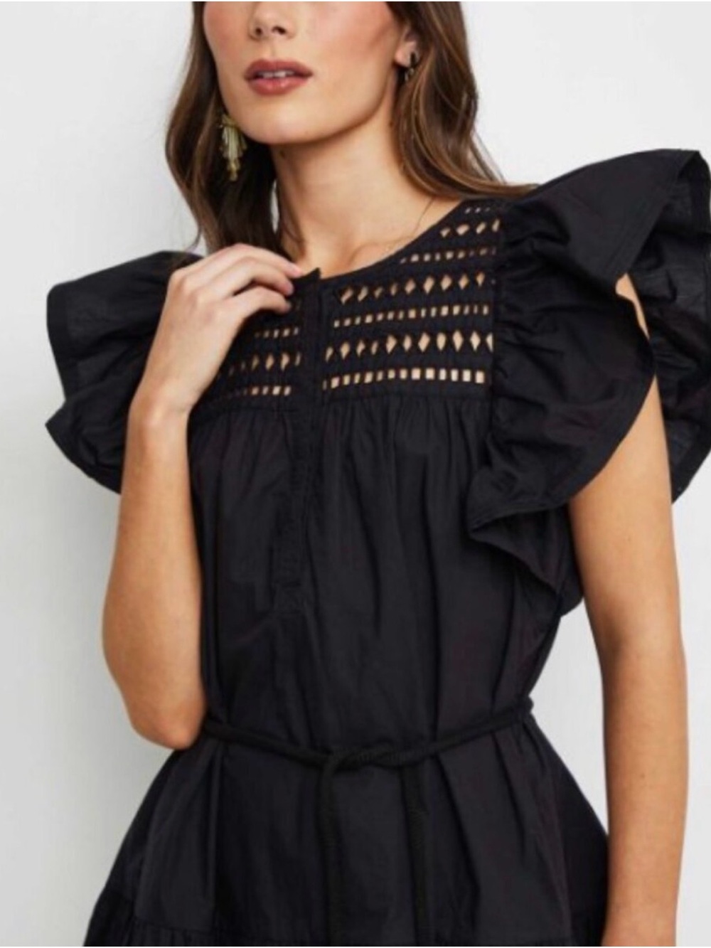 Scarlett Poppies NWT Ishrant MIDI Large Black Eyelet Yoke Ruffle Sleeve Dress